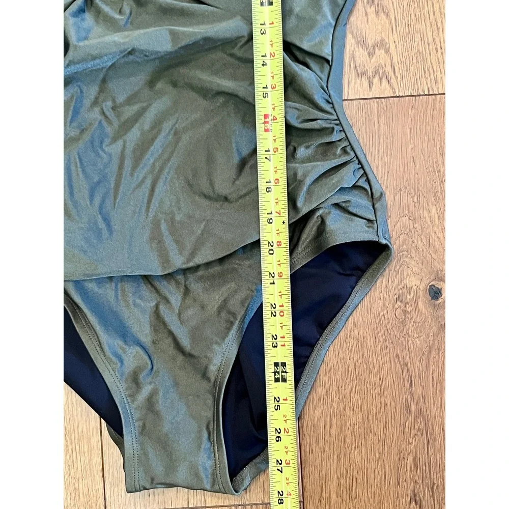DKNY Green Metallic Twist Front One Piece Swimsuit Ruched Keyhole DIZMS518 L - Picture 2 of 11